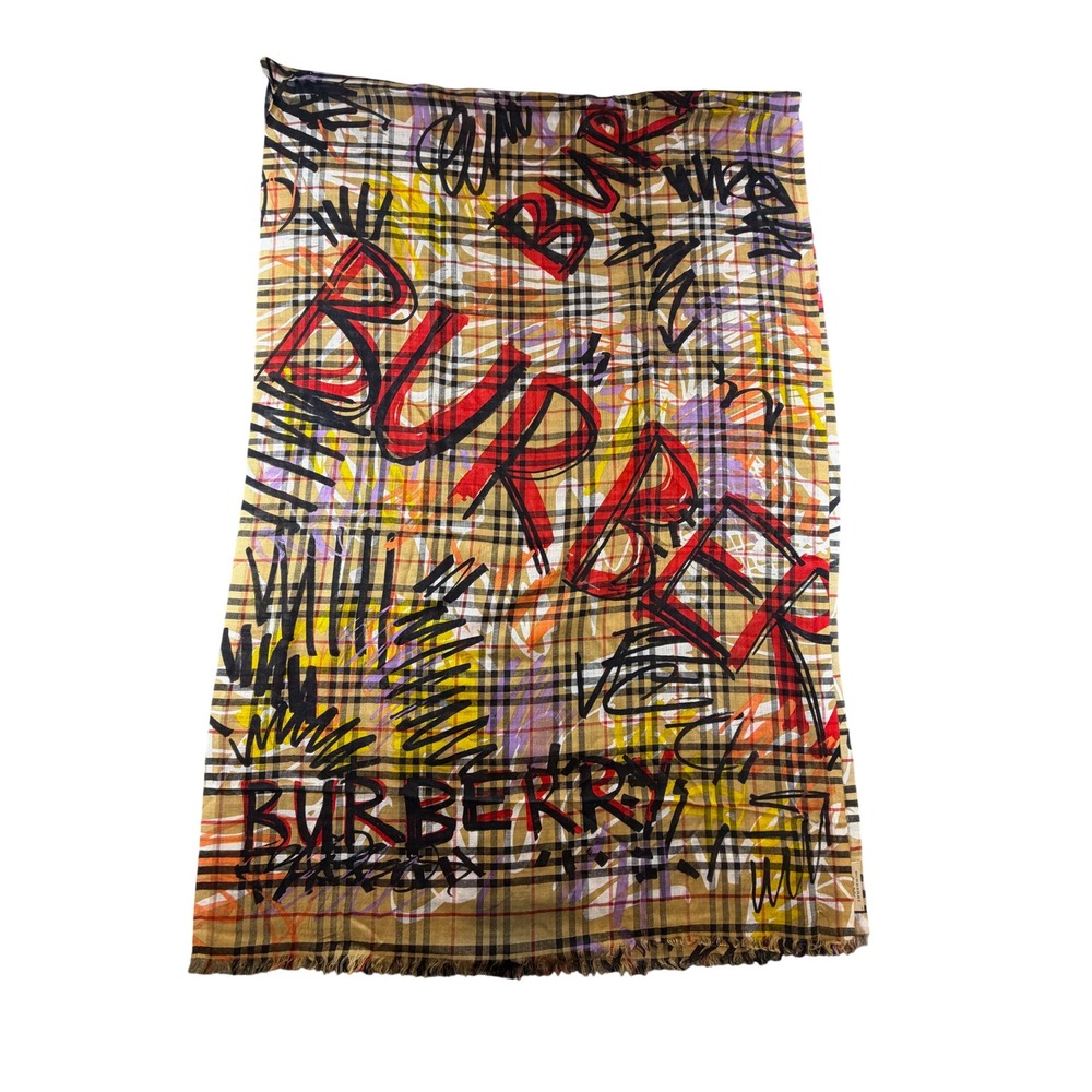 Burberry Graffiti Archive Check Scarf Tan Red Black Logo Eyelash Fringe Wrap